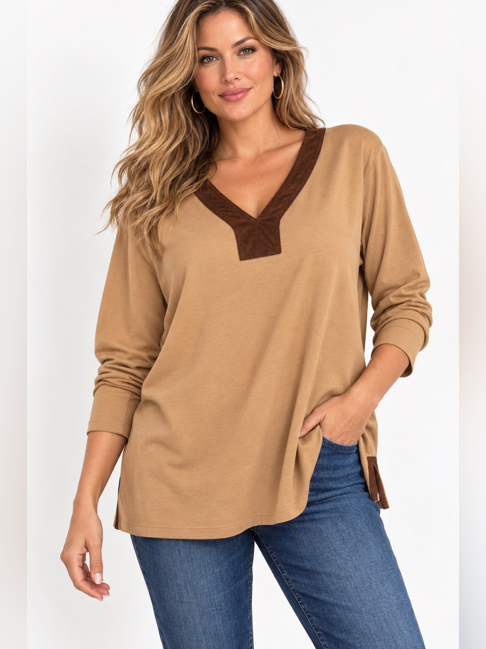 Ralph Lauren V Neck Top 3X Tan Brown Trim Cotton Preppy Equestrian Classic